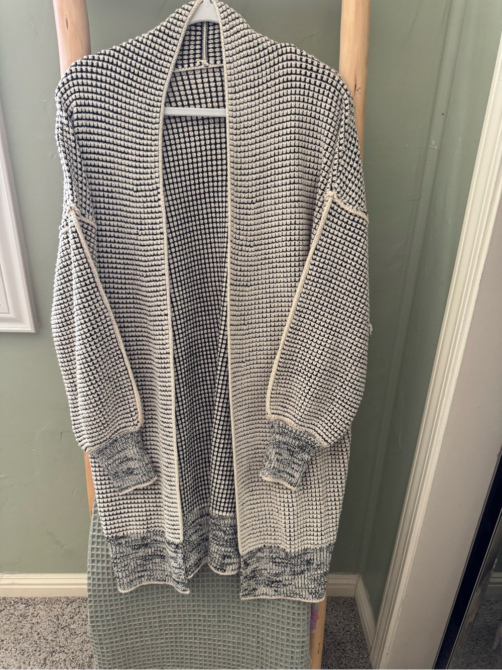 Chunky Textured Waffle Knit Longline Open Front Cardigan Sweater - Size M